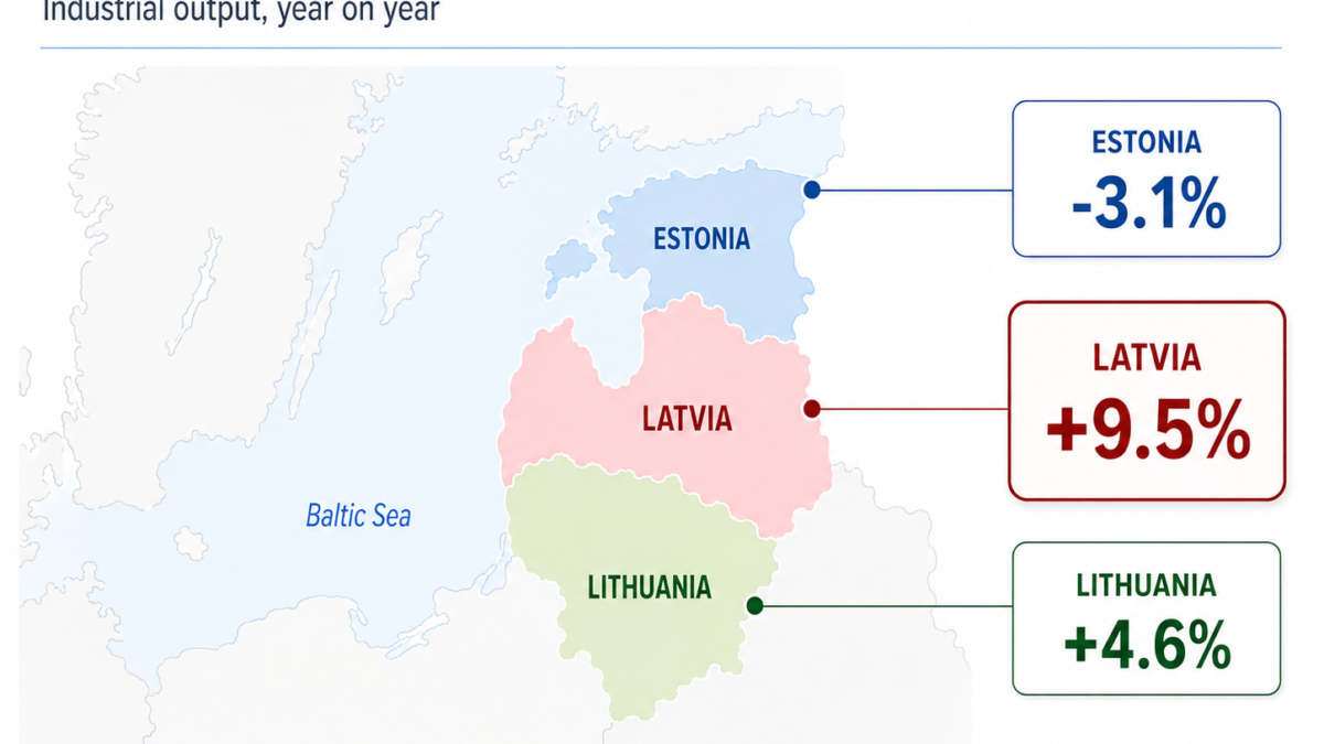 Baltic industry split in March: Latvia +9.5%, Lithuania +4.6%, Estonia −3.1%